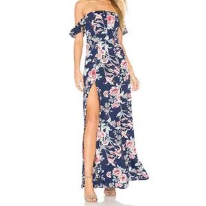 Flynn Skye Bardot Blue and White Floral Off the Shoulder Maxi Dress